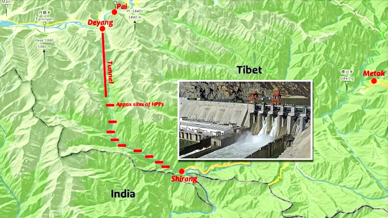 Hydropower super dam by China on the bend of Yarlung-Sangpo river (Brahmaputra in India) in Tibet