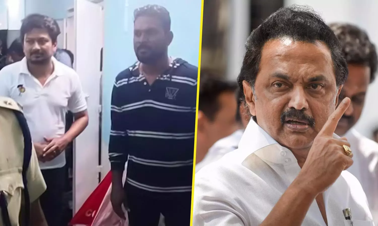 (Left) Photo of the Anna University rape accused Gnanasekaran with DMK Minister Udhayanidhi Stalin. (Right) Tamil Nadu Chief Minister M K Stalin