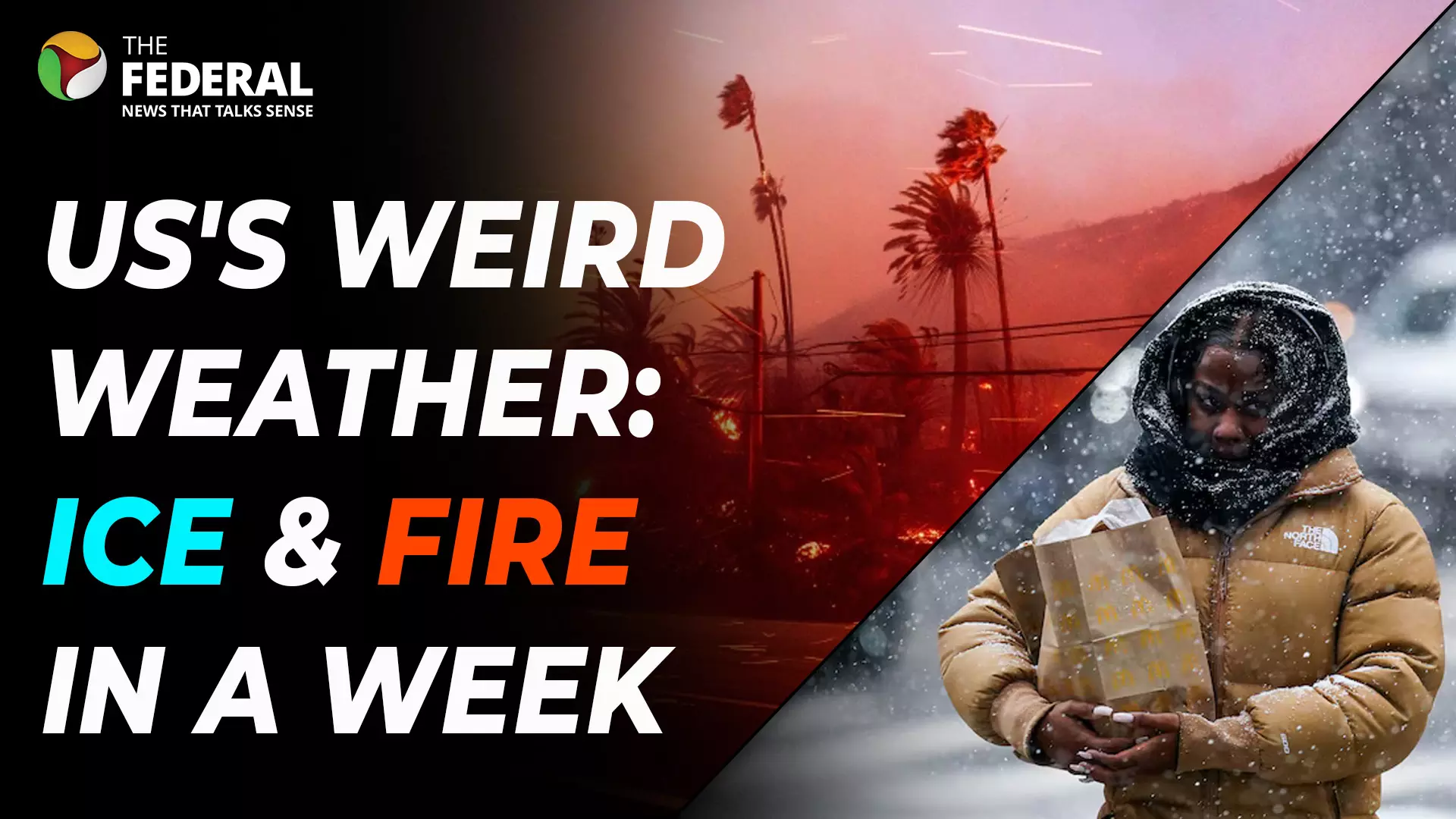 A split image showcasing California wildfires with burning palm trees on the left and a woman braving a heavy snowstorm in the Midwest on the right