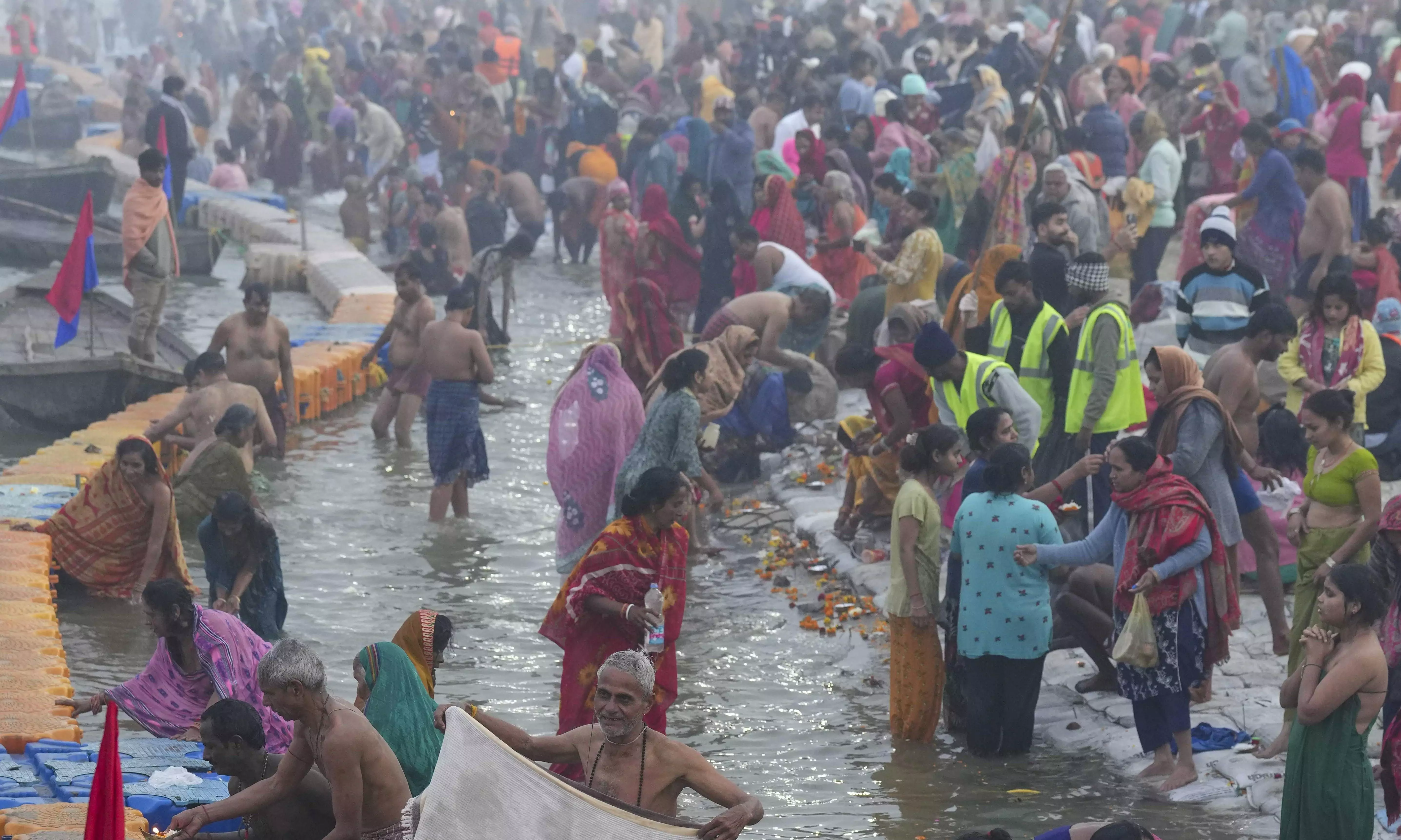 Devotees take holy dip on first day of Maha Kumbh Mela