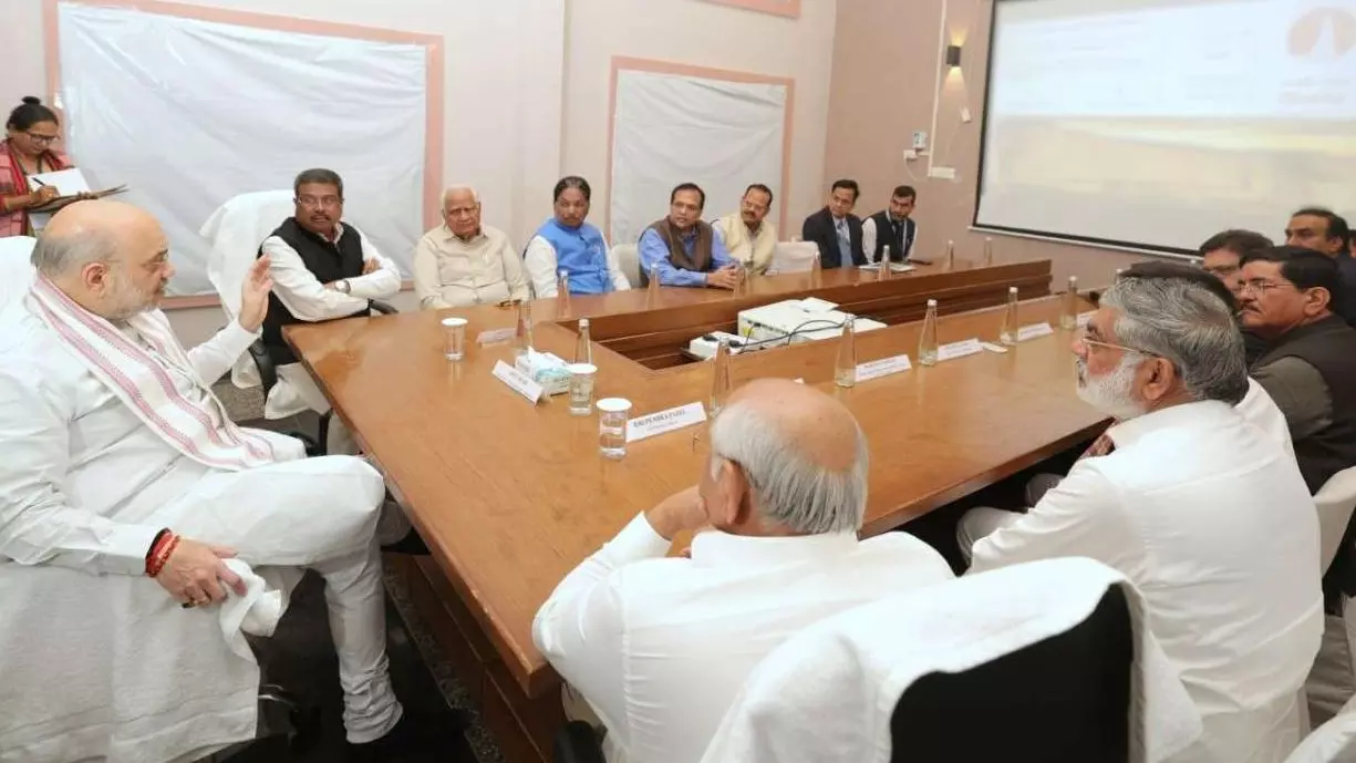 Gujarat BJP leaders and ministers at a recent meeting with Union Home Minister Amit Shah and Chief Minister Bhupendra Patel, in Vadnagar.