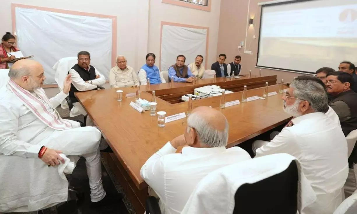 Gujarat BJP leaders and ministers at a recent meeting with Union Home Minister Amit Shah and Chief Minister Bhupendra Patel, in Vadnagar.