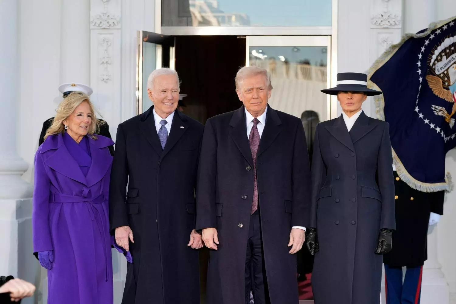 President Joe Biden, centre left, and first lady Jill Biden, left, with President-elect Donald Trump, centre right, and Melania Trump, right, upon arriving at the White House, Monday, Jan. 20, in Washington. AP/PTI