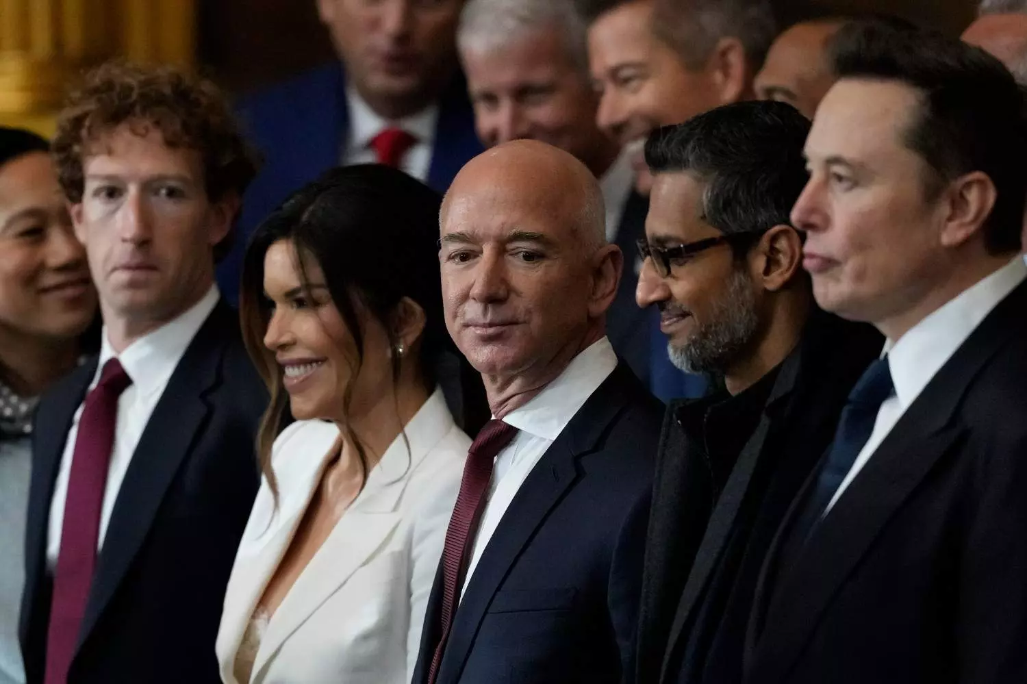 Guests including Mark Zuckerberg, Jeff Bezos, Sundar Pichai and Elon Musk, arrive before the 60th Presidential Inauguration in the Rotunda of the U.S. Capitol in Washington, Monday, Jan. 20. AP/PTI