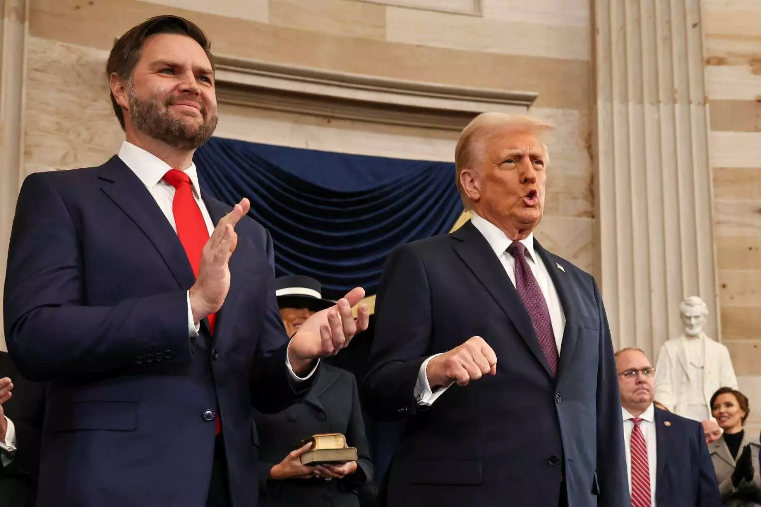 US Vice President J.D. Vance, left, and President Donald Trump in the Rotunda of the U.S. Capitol in Washington, Monday, Jan. 20. AP/PTI