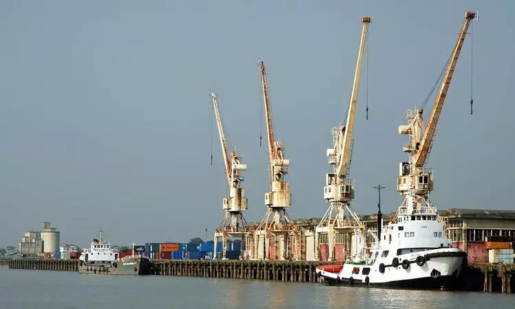 Port of Mongla on the Rupsha River in Bangladesh stock photo