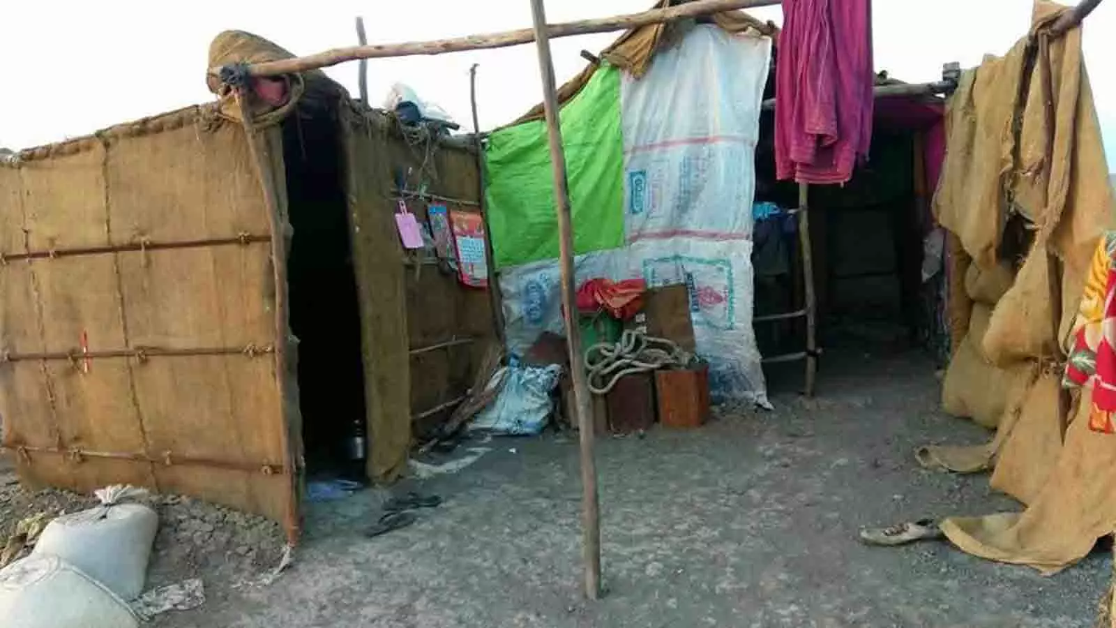 A makeshift shack in which salt farmers live through eight months even in 45 degrees temperature in the desert.