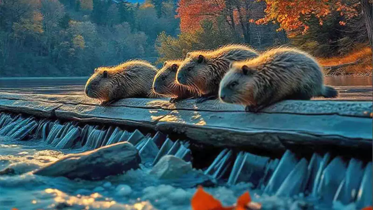 An AI generated image of four beavers in a row building a dam with fall leaves in the background and a clear stream of water before them.