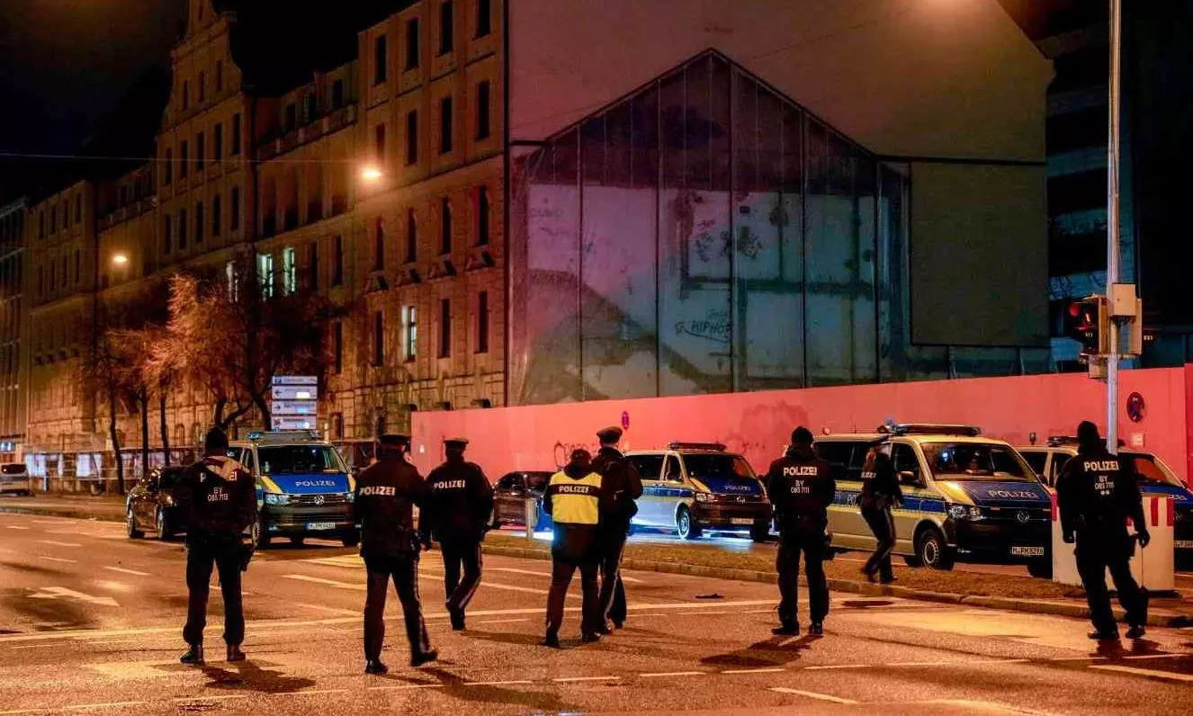 Police officers stand at the scene where a driver drove a car into a labour union demonstration in Munich, Germany, Thursday Feb. 13, 2025. AP/PTI