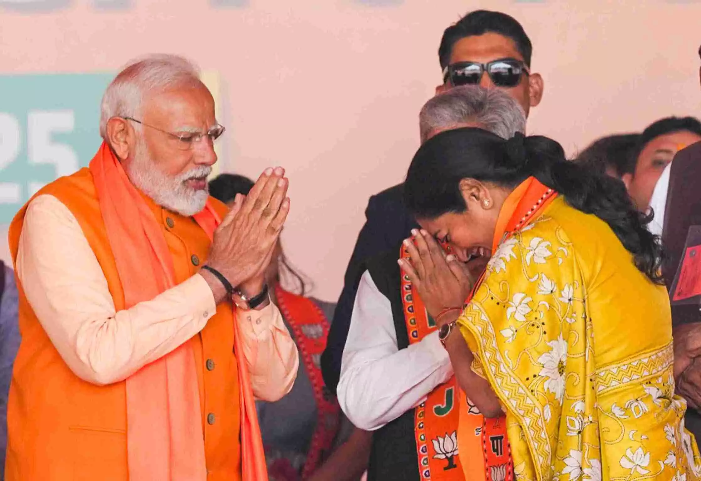 Newly-chosen Delhi Chief Minister Rekha Gupta with Prime Minister Narendra Modi at the BJP legislative party meeting on Wednesday | PTI