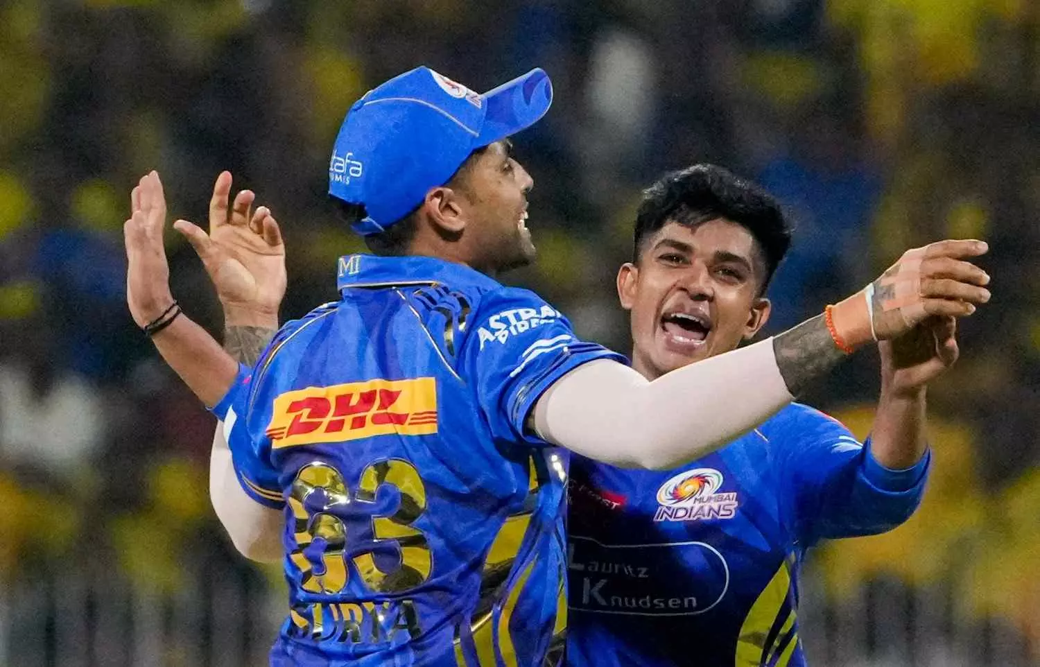 Vignesh celebrates a wicket with Suryakumar. PTI