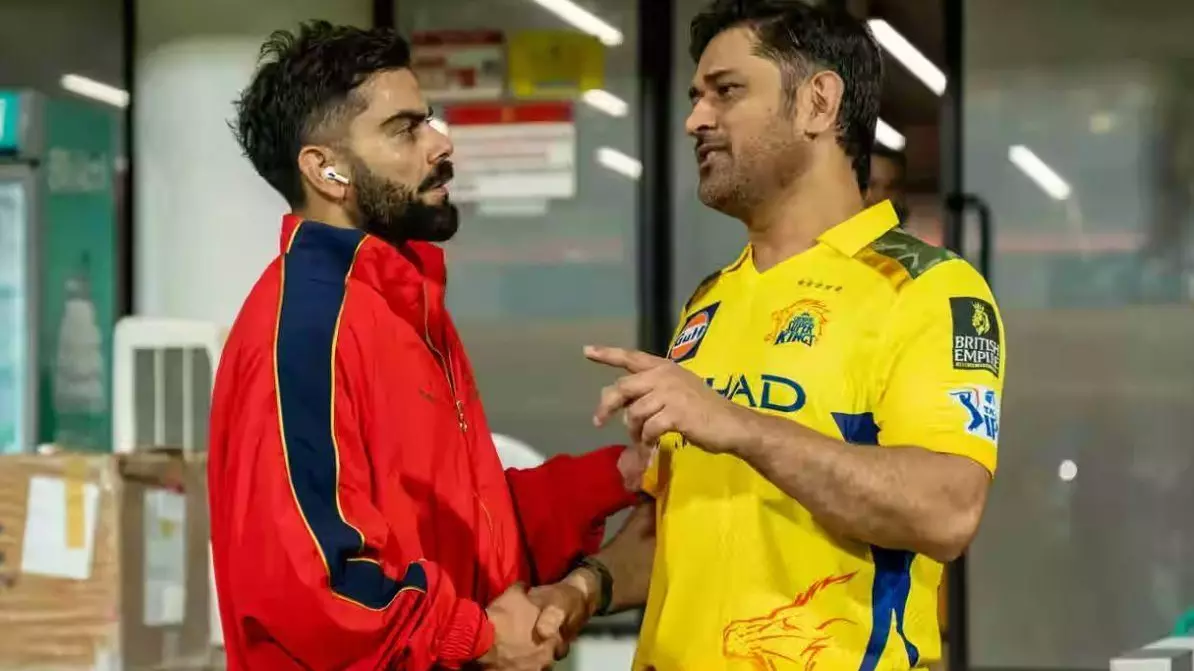 MS Dhoni (right) and Virat Kohli after the CSK vs RCB IPL 2025 game