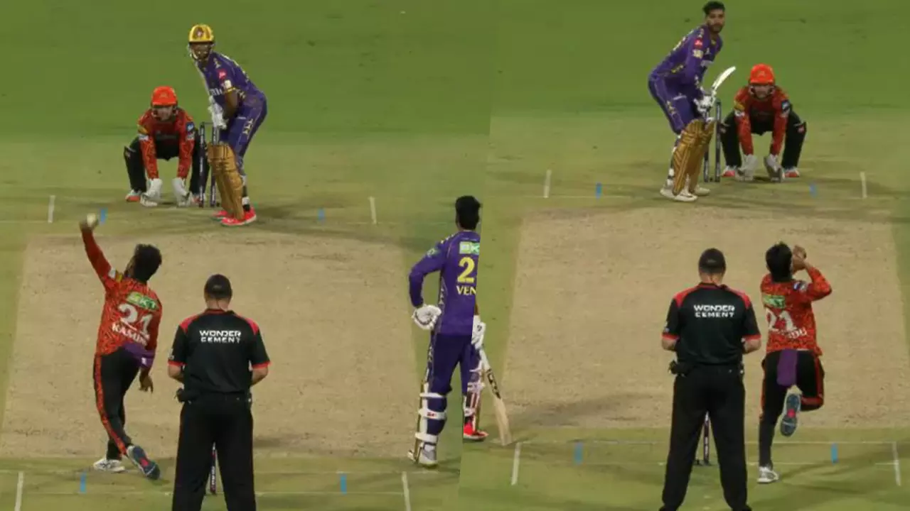 SRH bowler Kamindu Mendsi bowls left-arm (left) and right-arm
