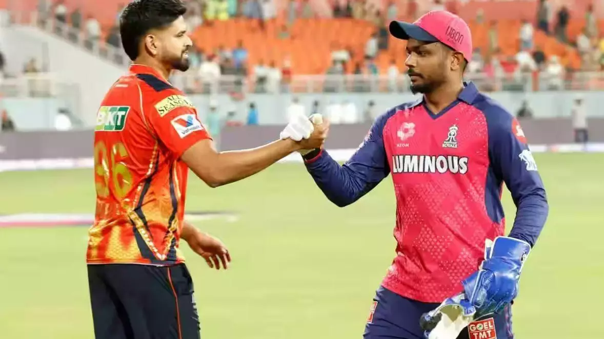 PBKS captain Shreyas Iyer (left) shakes hands with RR skipper Sanju Samson