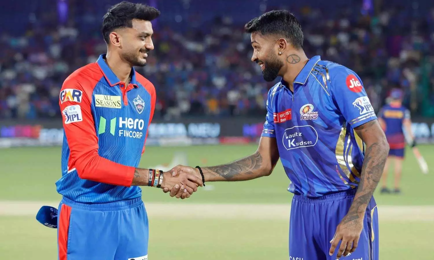 Captains Axar Patel (Delhi Capitals) and Hardik Pandya (Mumbai Indians) Captains Axar Patel (Delhi Capitals) and Hardik Pandya (Mumbai Indians)