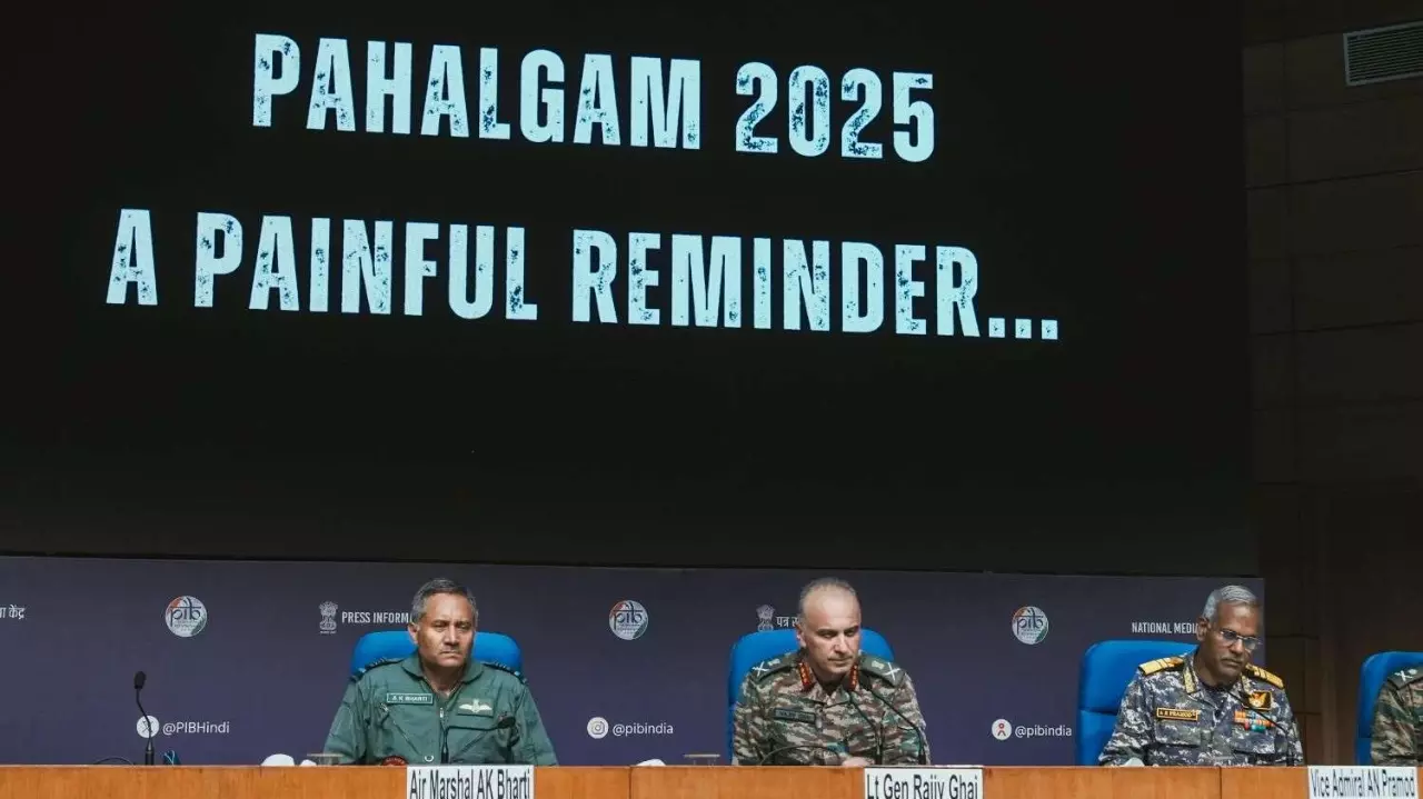 Director General of Military Operations (DGMO) Lt General Rajiv Ghai (centre) with Air Marshal AK Bharti (left) and Vice Admiral AN Pramod