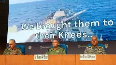 Director General of Military Operations (DGMO) Lt General Rajiv Ghai (left) with Air Marshal AK Bharti (centre) and Vice Admiral AN Pramod