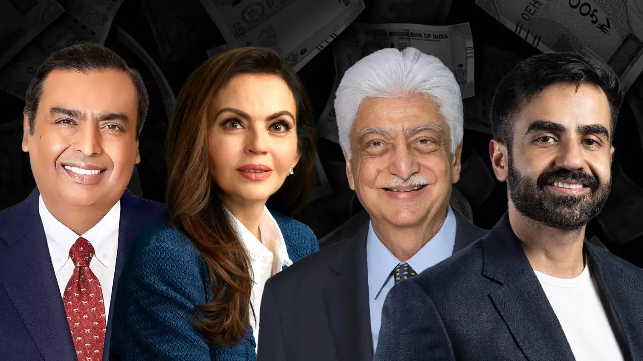 Mukesh Ambani and Nita Ambani, former Wipro chairman Azim Premji and Zerodha co-founder Nikhil Kamath