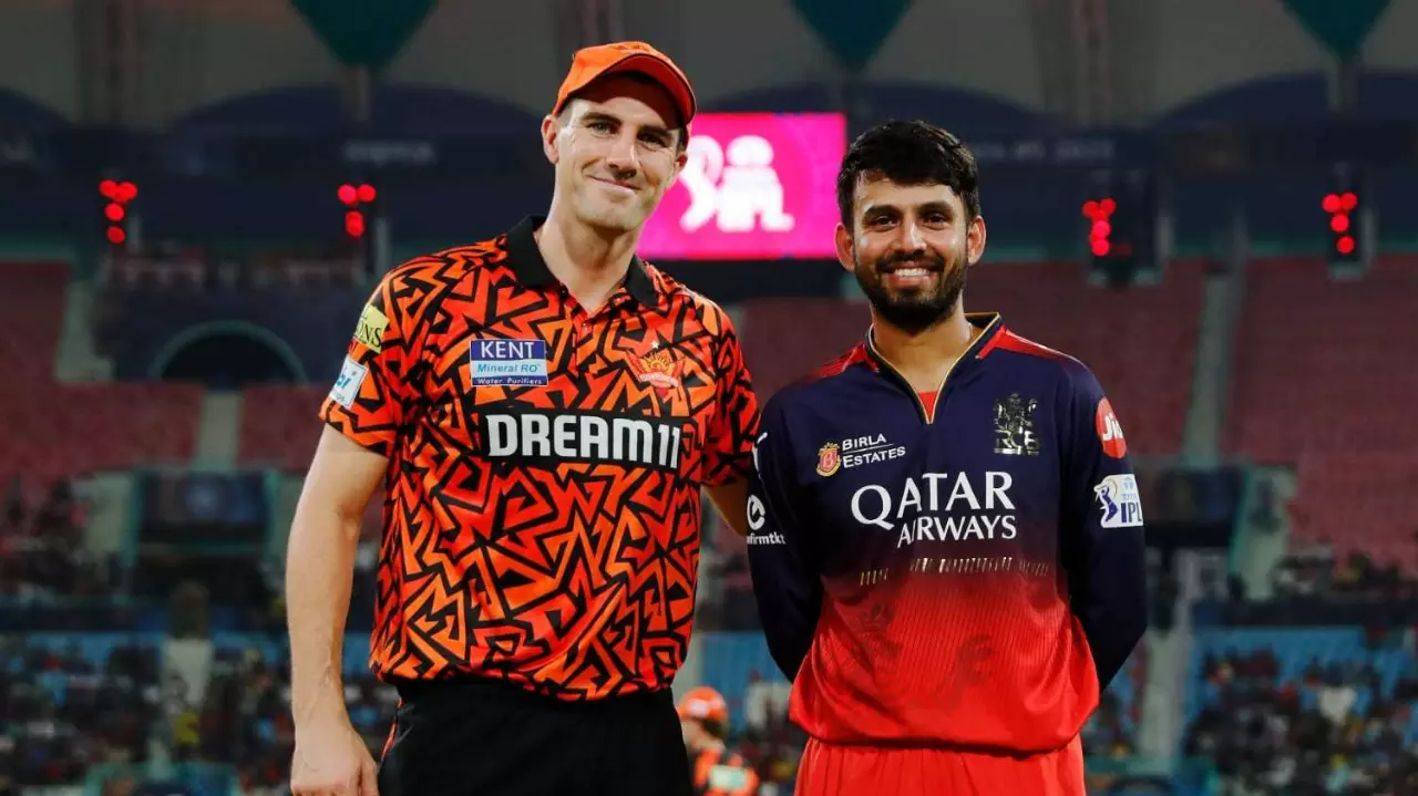 SRH captain Pat Cummins (left) and RCB skipper Jitesh Sharma