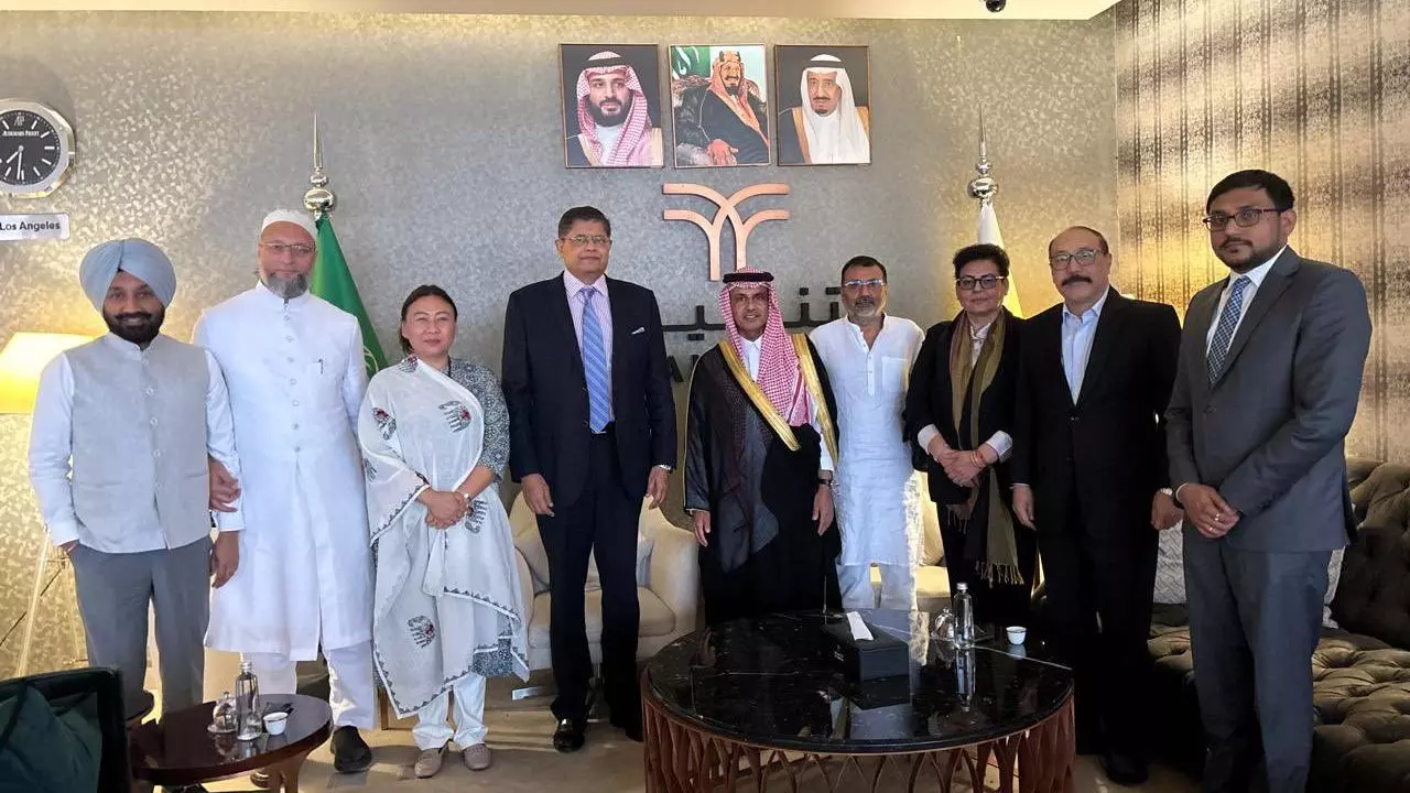 BJP MP Baijayant Jay Panda (fourth from left) and the Indian delegation with H.E. Maj. Gen. Abdulrahman Alharbi (Centre), Chair of the Saudi Arabia-India Friendship Committee. Photo: X/@PandaJay