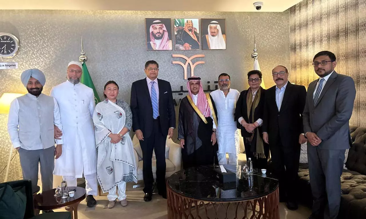 BJP MP Baijayant Jay Panda (fourth from left) and the Indian delegation with H.E. Maj. Gen. Abdulrahman Alharbi (Centre), Chair of the Saudi Arabia-India Friendship Committee. Photo: X/@PandaJay