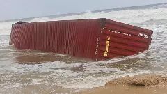 One of the containers that washed across the shore from the Liberian ship MSC ELSA-3, carrying more than 643 containers, including hazardous cargo. Photo: PTI
