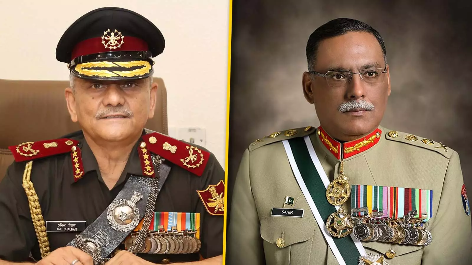CDS General Anil Chauhan (Left) and  General Sahir Shamshad Mirza, Chairman of the Joint Chiefs of Staff Committee of Pakistan military