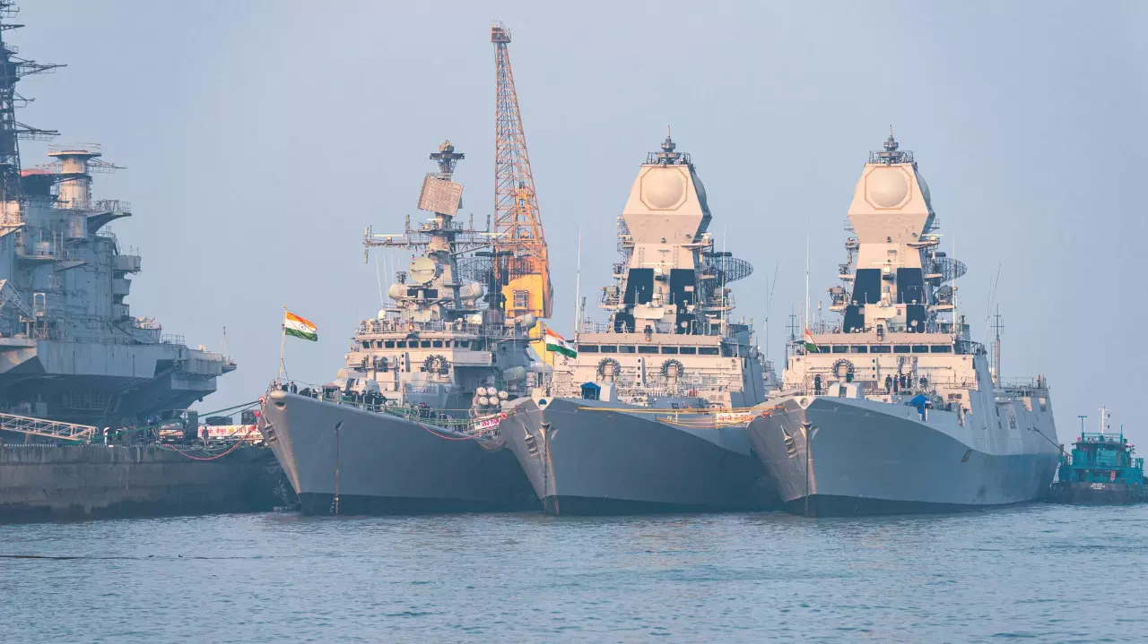 Three warships of the Indian Navy anchored in Mumbai in July 2020