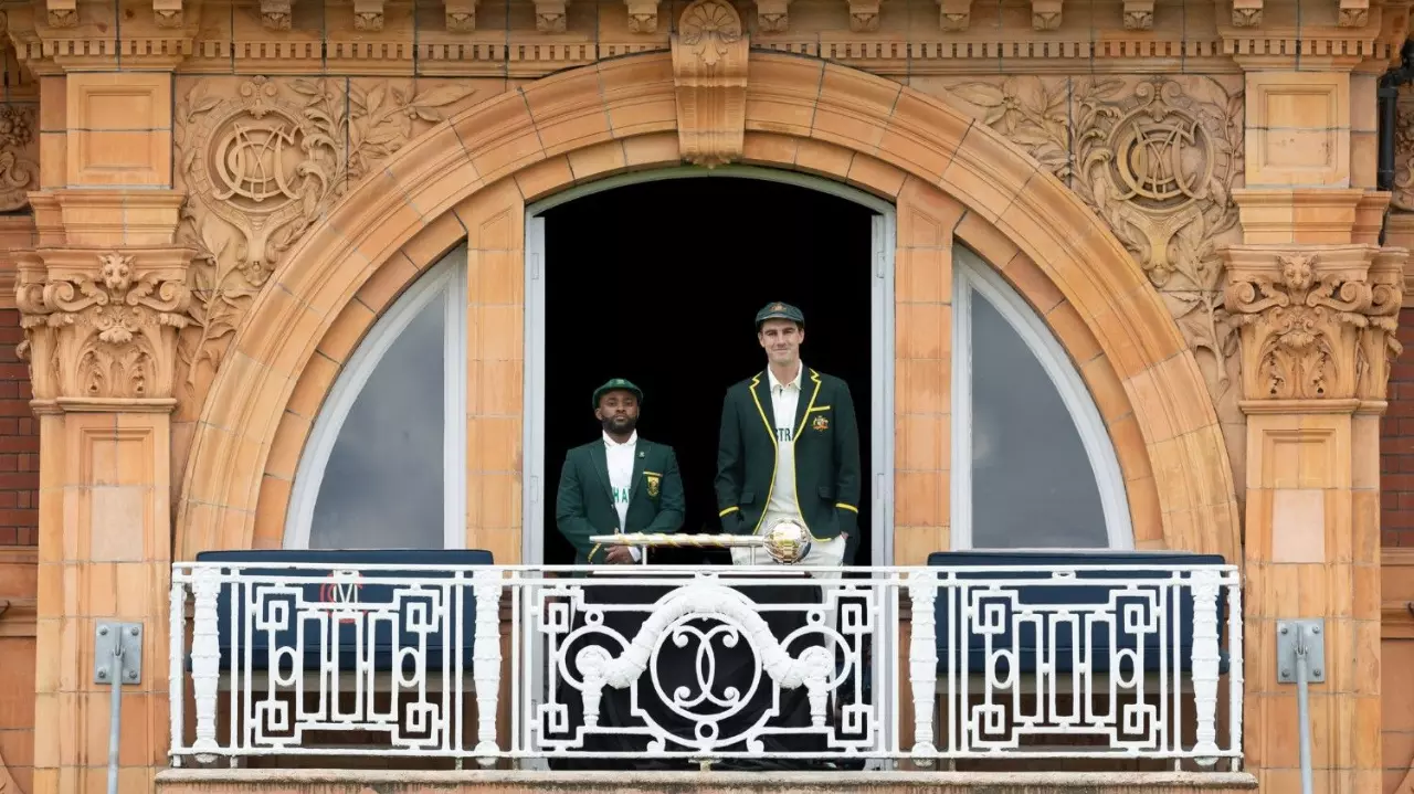 South Africa captain Temba Bavuma and Australia skipper Pat Cummins pose with the World Test Championship (WTC) mace