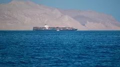 Iranian coastline near the Strait of Hormuz. giant sea container ship in the strait of Hormuz. Near East
