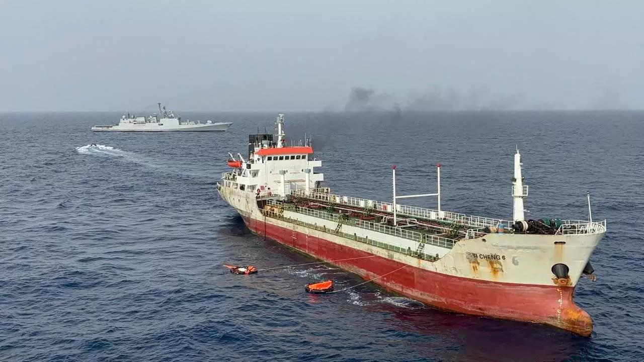 Commercial vessel with Indian-origin crew catches fire; Navy steps in to rescue