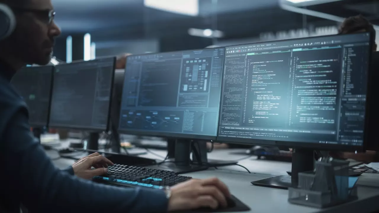 Close up of a software developer working on a desktop