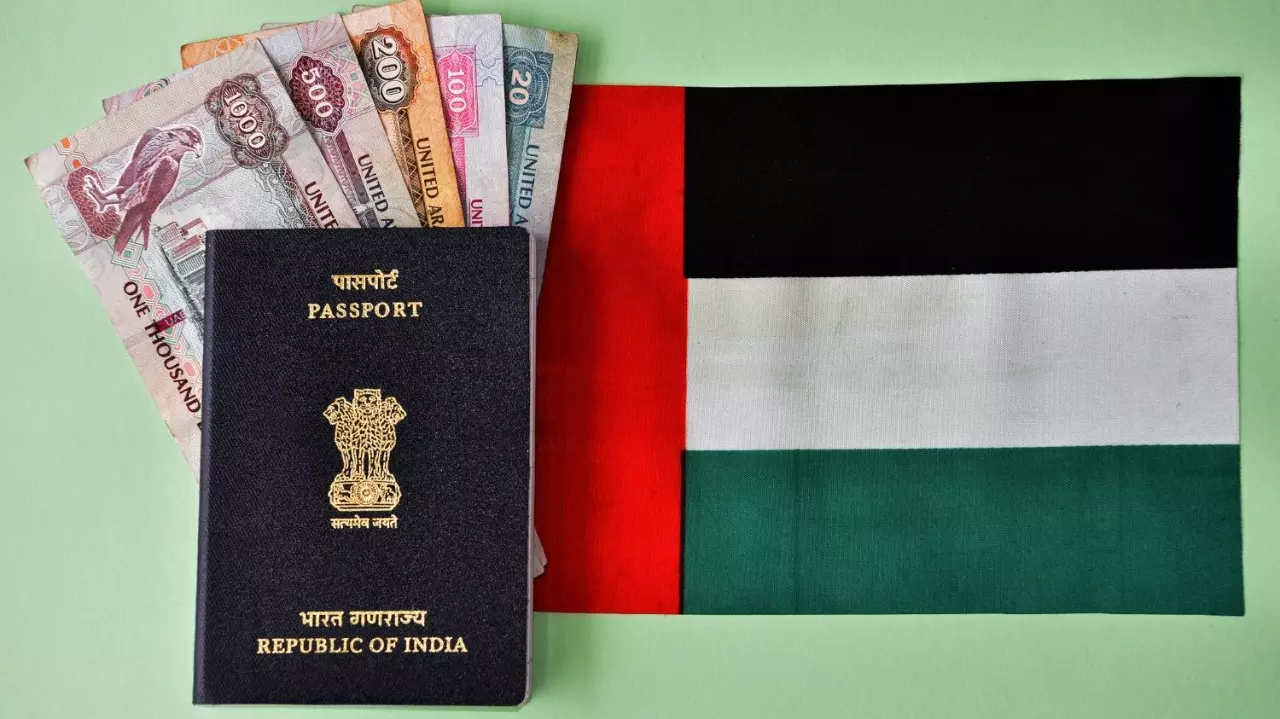 Indian Passport with UAE currency notes and Flag