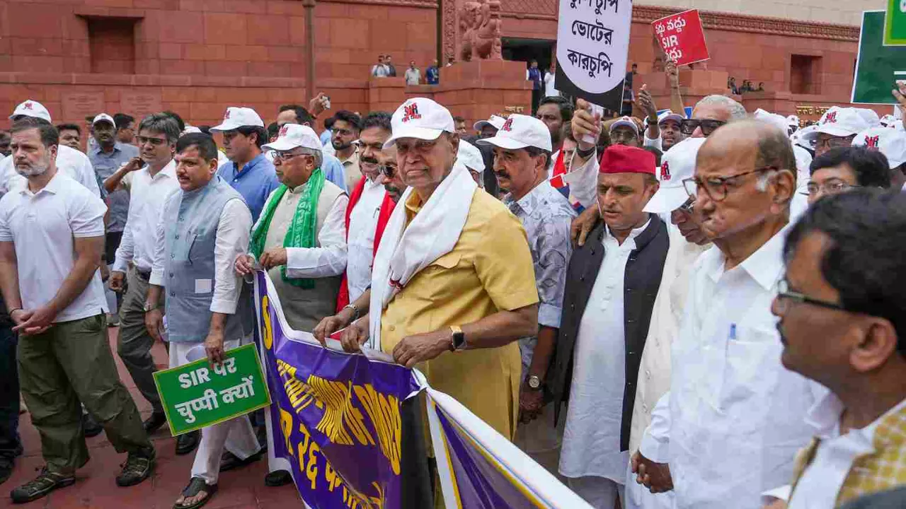 Defiant Akhilesh, fainting MPs: Dramatic photos from INDIA Bloc’s ‘vote chori’ stir