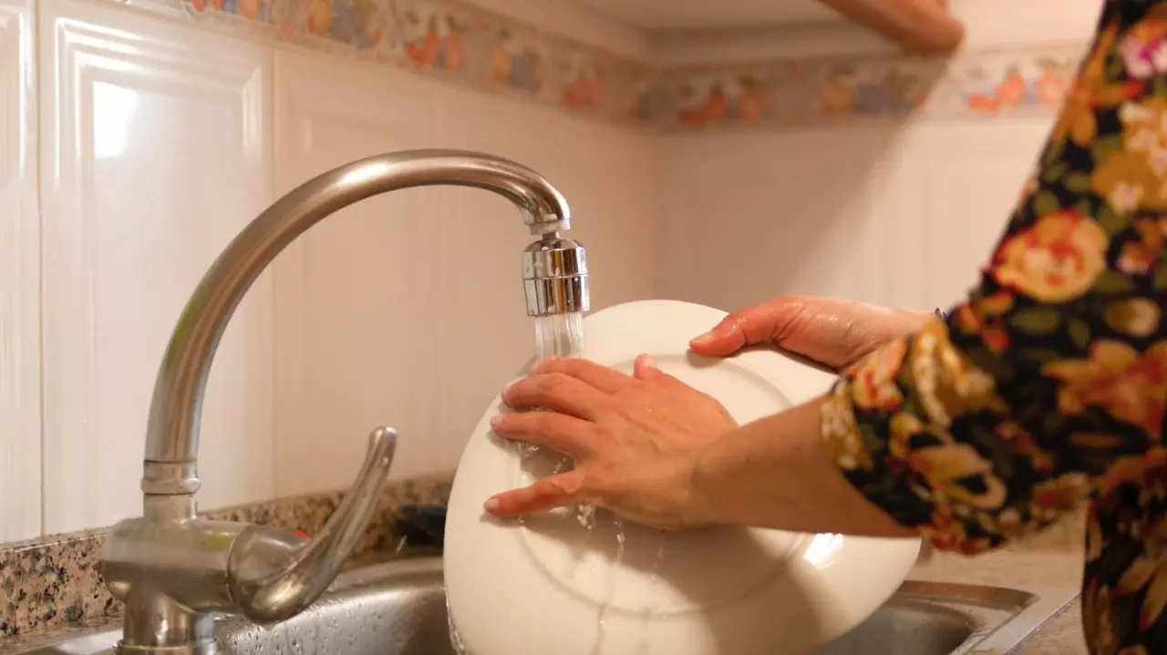 Woman in the kitchen at home washing a dish on the sink
