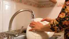 Woman in the kitchen at home washing a dish on the sink