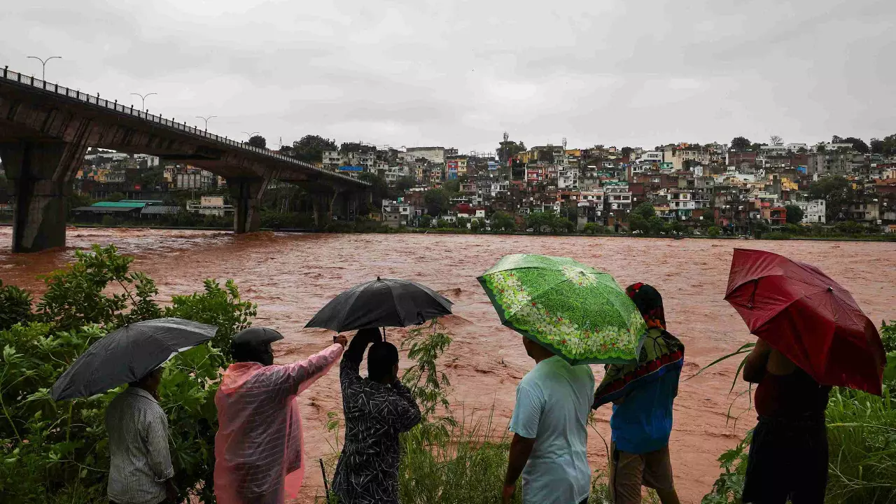 Swollen Tawi river amid rainfall, in Jammu