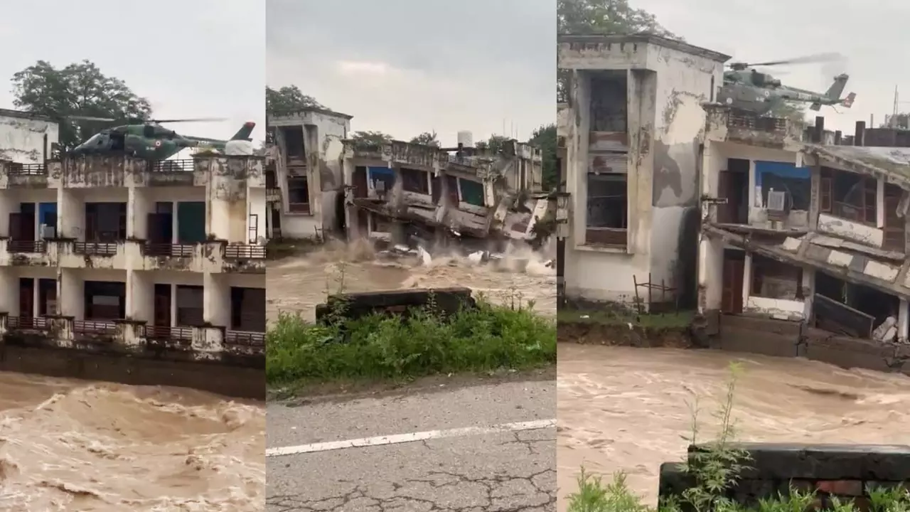 The Indian Army showed a chopper approaching a building for evacuation, while another captured the collapse of a structure The Indian Army showed a chopper approaching a building for evacuation, while another captured the collapse of a structure
