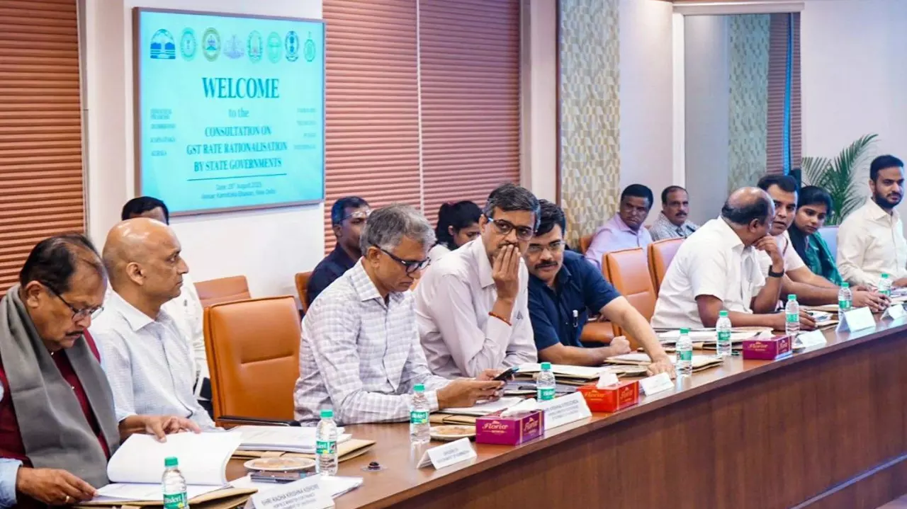 Karnataka Revenue Minister Krishna Byre Gowda (third from left in front row) with others during a meeting on the consultation on GST rate rationalisation, at Karnataka Bhawan, in New Delhi, on August 29, 2025. (@siddaramaiah/X via PTI Photo)