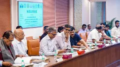 Karnataka Revenue Minister Krishna Byre Gowda (third from left in front row) with others during a meeting on the consultation on GST rate rationalisation, at Karnataka Bhawan, in New Delhi, on August 29, 2025. (@siddaramaiah/X via PTI Photo)