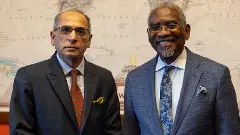 US Democrat lawmaker Gregory Meeks (right) with Indian Ambassador to US Vinay Mohan Kwatra