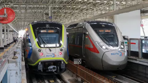 A Meerut Metro train (left) and Namo Bharat train before the inauguration of the 82-km Delhi-Meerut Regional Rapid Transit System (RRTS) corridor, at Meerut South Metro Station, in Uttar Pradesh, Wednesday, September 10, 2025. (Photo: PTI) A Meerut Metro train (left) and Namo Bharat train before the inauguration of the 82-km Delhi-Meerut Regional Rapid Transit System (RRTS) corridor, at Meerut South Metro Station, in Uttar Pradesh, Wednesday, September 10, 2025. (Photo: PTI)