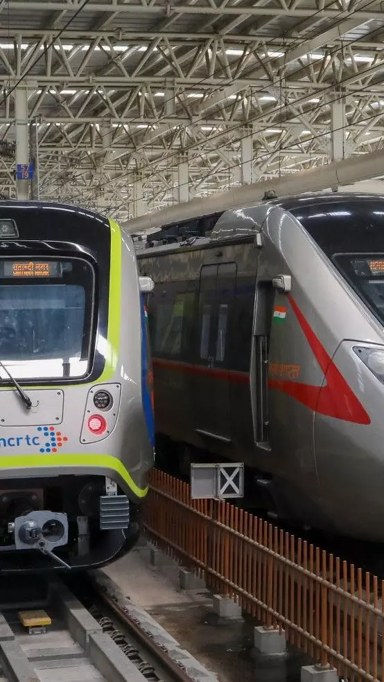 A Meerut Metro train (left) and Namo Bharat train before the inauguration of the 82-km Delhi-Meerut Regional Rapid Transit System (RRTS) corridor, at Meerut South Metro Station, in Uttar Pradesh, Wednesday, September 10, 2025. (Photo: PTI) A Meerut Metro train (left) and Namo Bharat train before the inauguration of the 82-km Delhi-Meerut Regional Rapid Transit System (RRTS) corridor, at Meerut South Metro Station, in Uttar Pradesh, Wednesday, September 10, 2025. (Photo: PTI)