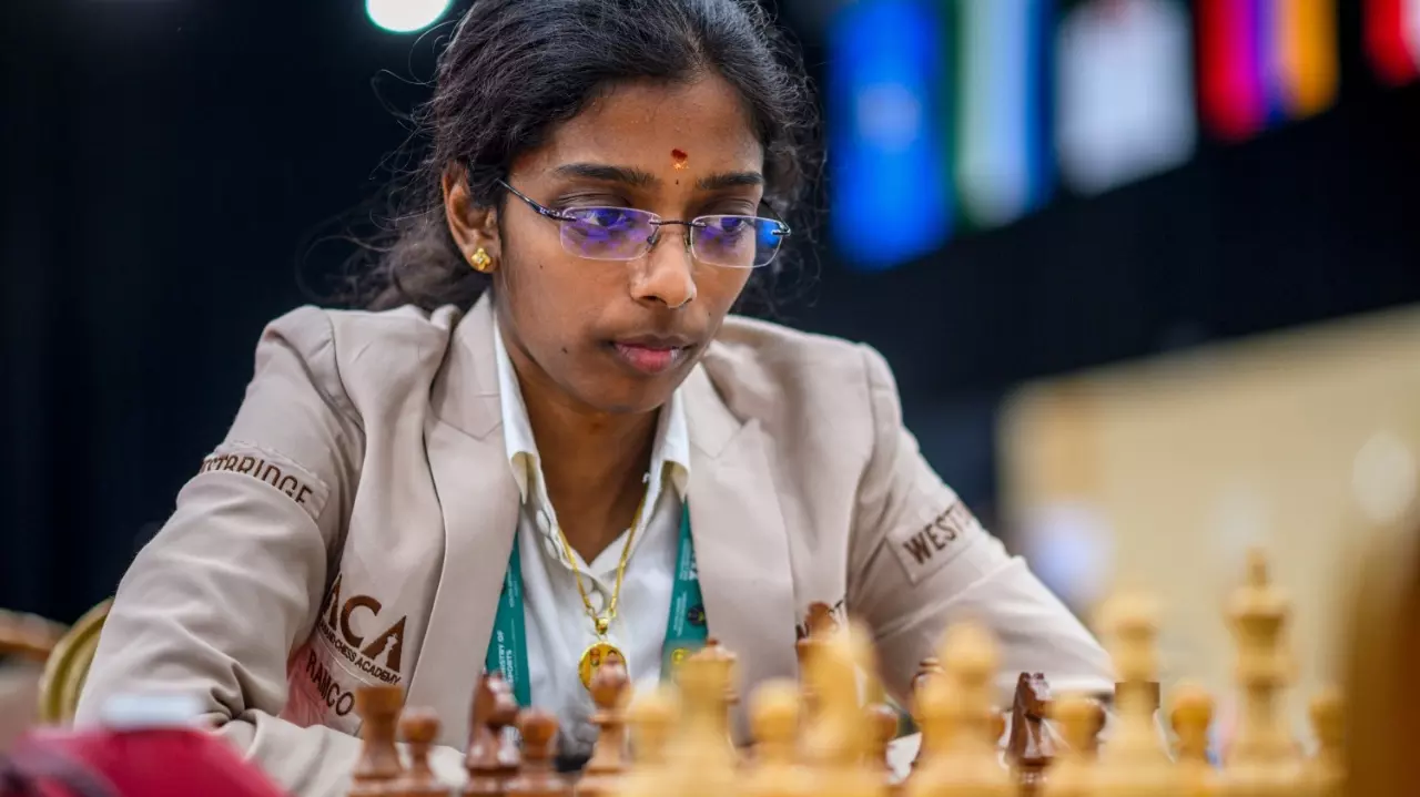 Indian Grandmaster Vaishali Rameshbabu during the FIDE Womens Grand Swiss 2025 Round 11 chess match against Chinas GM Tan Zhongyi, in Samarkand, Uzbekistan. (FIDE/PTI)