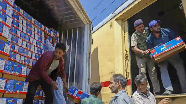 apple boxes being loaded onto train in Kashmir apple boxes being loaded onto train in Kashmir
