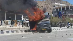 The protestors torched a security vehicle outside the BJP office in Leh