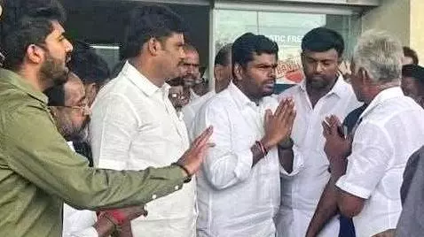 Annamalai meeting survivors and kin of victims in Karur.