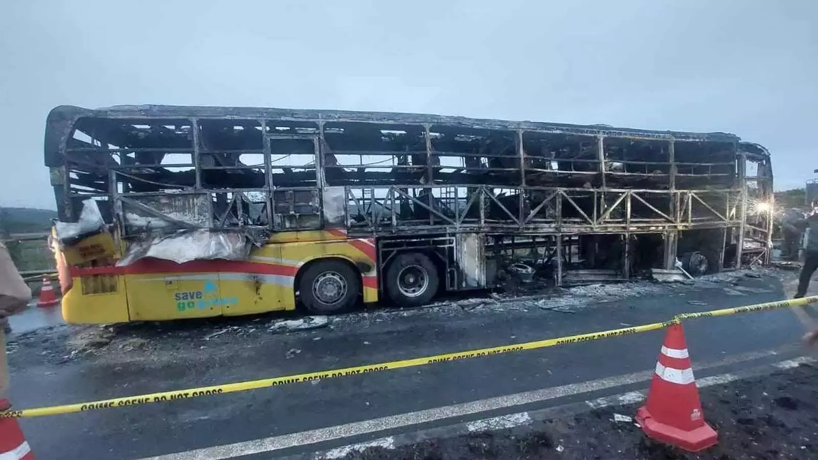 Charred remains of the bus Charred remains of the bus