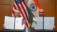 US Secretary of War Peter Hegseth (Left) with Defense Minister Rajnath Singh