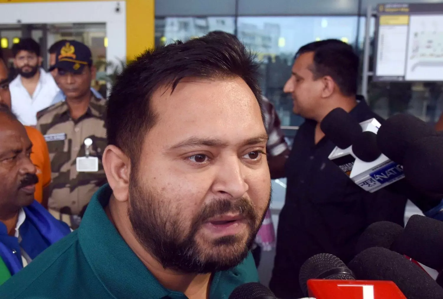 Tejashwi Yadav speaks to reporters in Patna